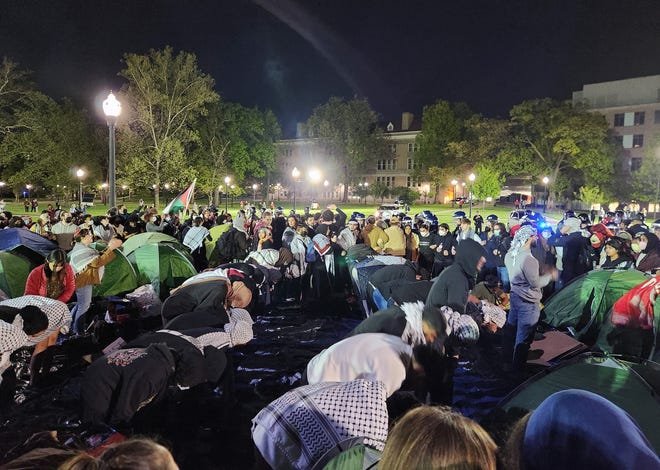 Ohio State University became the latest site of student protests against Israel Thursday as hundreds of Ohio State students, faculty and members of the Ohio Arab community rallied and set up tents outside the student union.