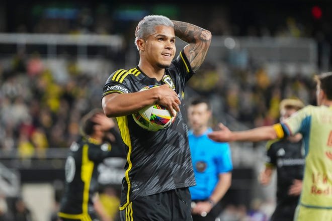 Mar 16, 2024; Columbus, Ohio, USA; Columbus Crew forward Cucho Hernandez (9) reacts at the end fo the first half of the MLS soccer match against the New York Red Bulls at Lower.com Field. Mandatory Credit: Adam Cairns-USA TODAY Sports