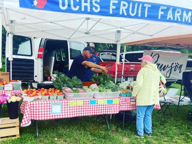 A vendor from Ochs Fruit Farm in Lancaster talks produce with a potential buyer at the Pickerington Farmers Market, which opens June 6.