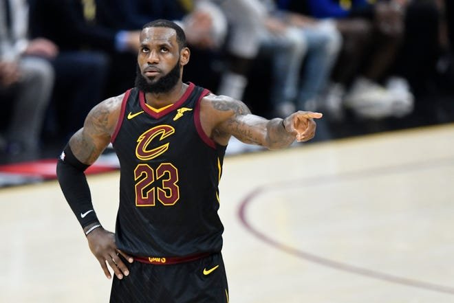Jun 8, 2018; Cleveland, OH, USA; Cleveland Cavaliers forward LeBron James (23) reacts during the second quarter in game four of the 2018 NBA Finals against the Golden State Warriors at Quicken Loans Arena. Mandatory Credit: David Richard-USA TODAY Sports ORG XMIT: USATSI-382868 ORIG FILE ID: 20180608_gma_ar7_101.jpg