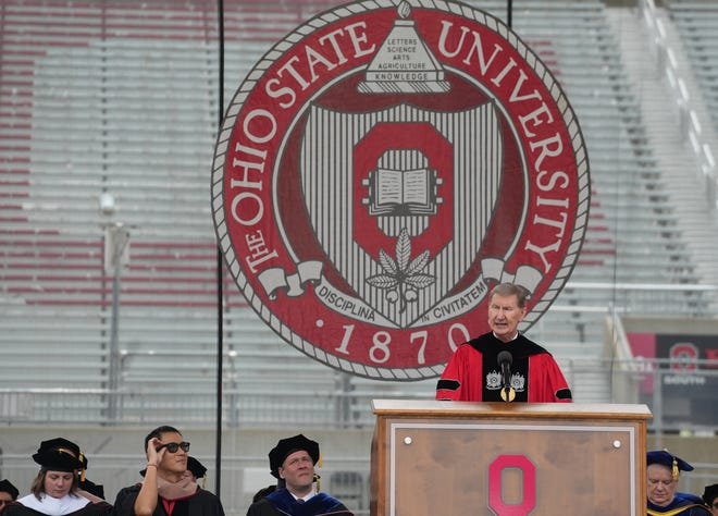 May 5, 2024; Columbus, Ohio, USA; President Ted Carter speaks during the Ohio State Spring 2024 Commencement held Sunday, May 5, 2024 in Ohio Stadium.
