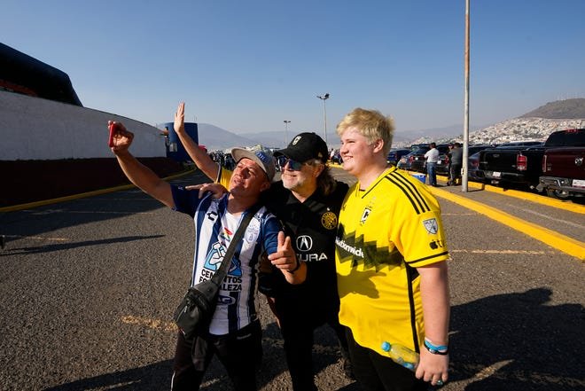 Jun 1, 2024; Pachuca, Hidalgo, Mexico; CF Pachuca and the Columbus Crew fans take selfies before the match in the 2024 CONCACAF Champions Cup Championship at Estadio Hidalgo. Mandatory Credit: Adam Cairns-USA TODAY Sports